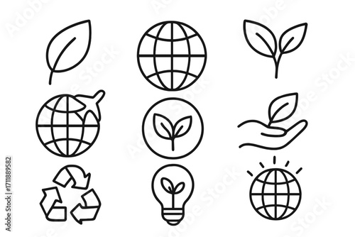 Global eco outline icon set. Sustainable world, recycling, leaf, plant, save earth, eco friendly, renewable energy, green technology, environmental protection, nature care, line vector design pack