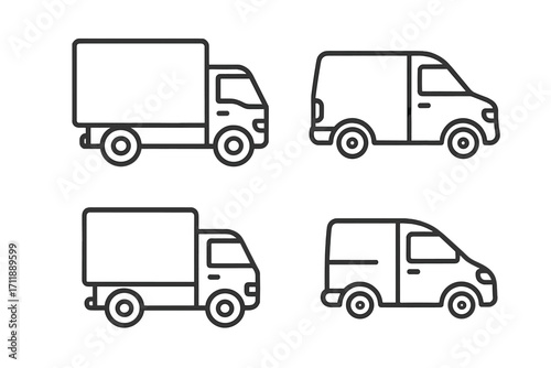 Delivery truck and van line icon set. Logistics and shipping vehicle outline icons. Transport service symbol for web, UI, and mobile apps. Editable stroke vector.