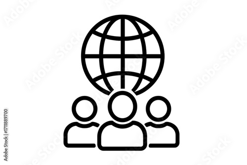 Global community icon with group of people and globe symbol. Concept of international team, worldwide connection, social network, humanity, globalization and teamwork vector.