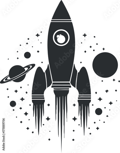 A minimalist black and white illustration of a rocket launching into space surrounded by planets and stars.