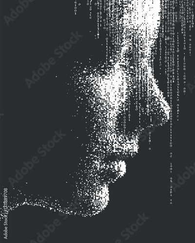 A digital portrait featuring a profile silhouette created with binary code and abstract elements.