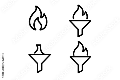 Sales funnel with fire icon set for marketing. Hot leads conversion and data filtering concept. Vector line art pictogram for business, web design, and applications.
