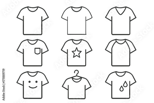 Thin Line T Shirt Icon Set Editable Stroke Bundle Vector Outline T Shirt Styles Collection Transparent Background Graphic For Web Card App Book Design With Pockets Patterns Hanger Smile Star