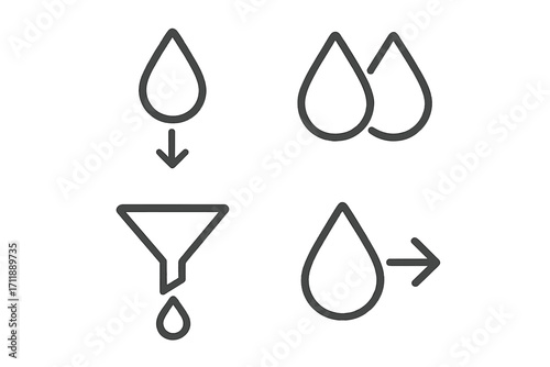 Water filter and purification icon set. Liquid drop and funnel filtration process pictogram. Minimalist thin line icons for web, graphic design, apps, and banners. Clean water concept.