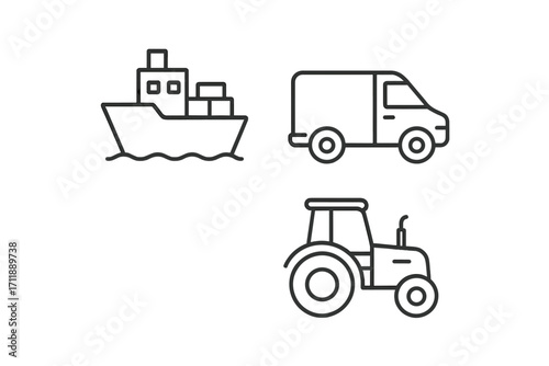 Minimalist Line Icons Set of Ship Van Tractor Editable Stroke Vector Transportation Delivery Agriculture Collection for Cards Apps Banners Social Media Posters Isolated Black Outline Design