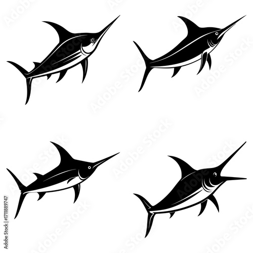 Four black and white stylized swordfish swimming in different directions on a white background design art