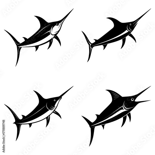 Four black and white marlin fish illustrations swimming in different directions on a white background