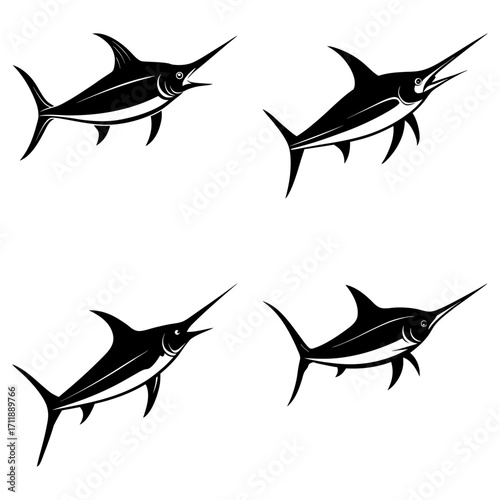 Four stylized black and white marlin fish swimming in different directions on a white background design element