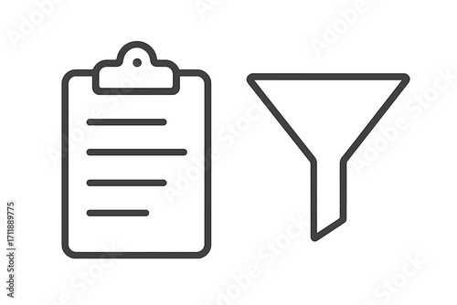 Data filtering and sales funnel icon set. Clipboard with report and filter symbol for lead generation and conversion process. Information sorting and analysis concept vector.