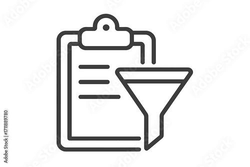 Data filtering and information sorting line icon. Business concept of sales funnel and conversion. Clipboard with checklist and filter for data analysis and lead generation process.