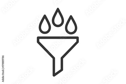 Filter icon, funnel with drops concept. Water or liquid purification process pictogram. Data processing, lead generation, sales conversion funnel. Vector line symbol for web.