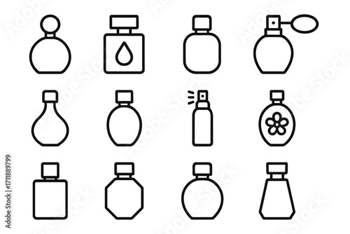 Perfume Bottle Outline Icons Collection. Minimal Linear Perfume Bottles Set. Fragrance, Cologne, Scent Sprayer, Atomizer, Cosmetic Packaging. Web, App, Banner, Social Design Vector