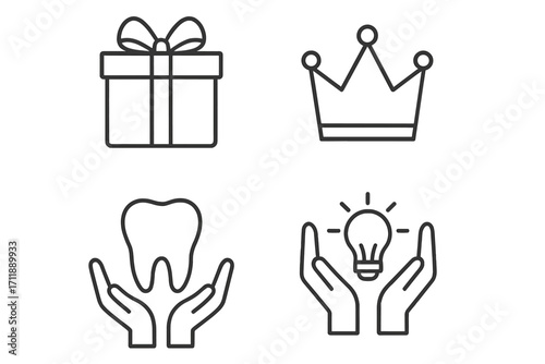 Outline icon set of charity, gift, and support symbols featuring crown, tooth, magnet, and lightbulb between hands, perfect for graphic design, websites, cards, books, and articles