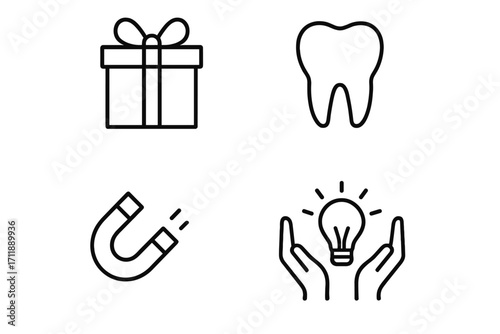Gift Charity Dental Magnet Lightbulb Hands Outline Icon Set. Present Box, Tooth, Magnet, Idea Bulb Care. Minimal Vector Symbols for Web, Design, Healthcare, Education, Science, Innovation Concepts