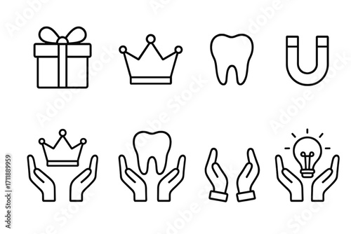 Outline set of charity and gift icons including crown, tooth, magnet, and lightbulb held by hands, perfect for graphic design, websites, cards, books, and social causes illustration