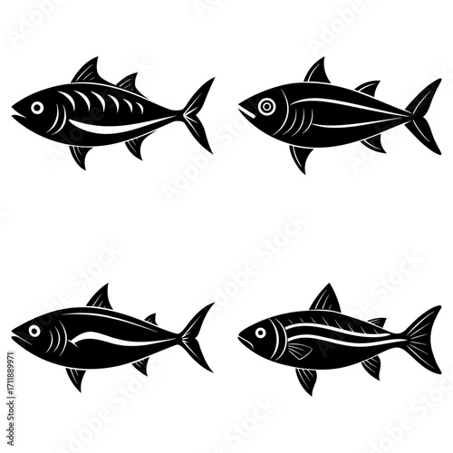 Four black fish silhouettes with varying fin and body stripe designs on a white background view