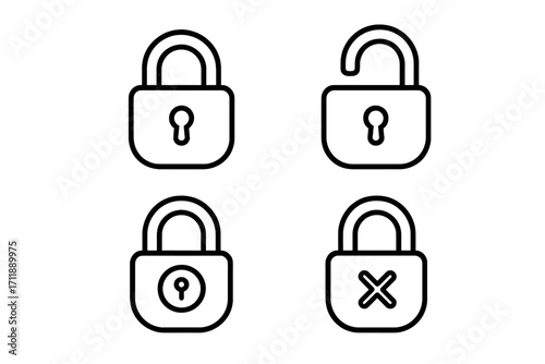 Lock and padlock icon set in a simple line art style. Vector collection of open and closed locks for security, safety, and privacy concepts. Minimalist outline symbols for access.