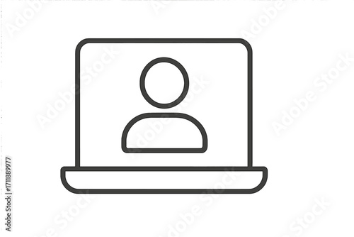 User profile icon on laptop screen. Login, account, avatar concept. Symbol for remote work, freelancer, online meeting, webinar, virtual communication, and personal data.