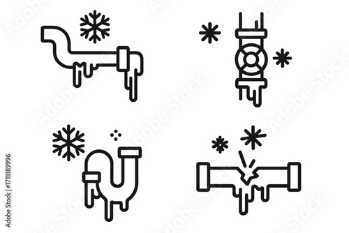 Frozen pipes icon set. Modern outline vector for plumbing emergencies. Winter damage, burst pipe, cold freeze, ice, and snowflake symbols for apps and web design.