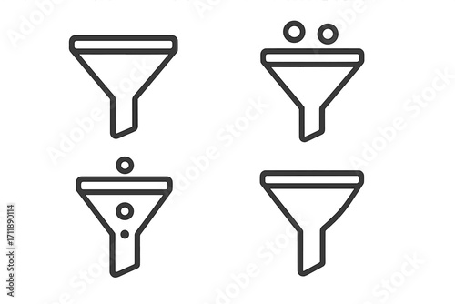 Funnel filter vector icon set in modern outline style. Sales conversion, marketing data analysis, lead generation process. Sorting and filtering concept for business apps.