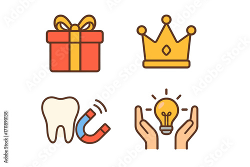 Business and marketing vector icon set. Concepts of gift, charity, bonus, premium quality reward, attracting dental clients and creative idea. Flat design for web and apps.