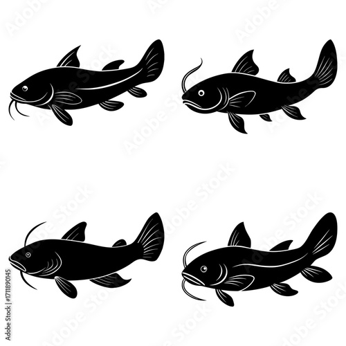 Four stylized black catfish swimming in different directions on a white background illustration