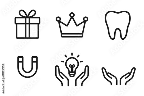 Universal linear icons set for web and mobile. Gift, premium quality, dental care, customer attraction, innovation, and charity symbols. Thin line vector pictograms collection.