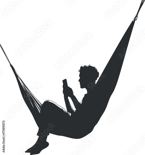 A silhouette of a person relaxing in a hammock while using a mobile phone in nature.