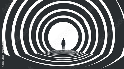 A silhouette figure stands at the end of a spiral tunnel, conveying a sense of depth and mystery.