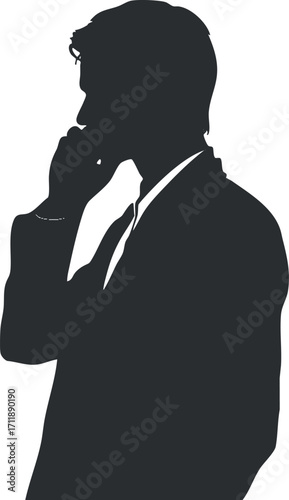 Silhouette of a businessman in a suit deep in thought with a contemplative gesture.