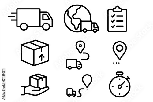 Delivery and logistics line icon set. Transport and shipping vector symbols. Fast worldwide delivery, package tracking, order management, truck, globe, location pin signs.
