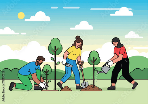 People planting trees together in a park on a sunny day