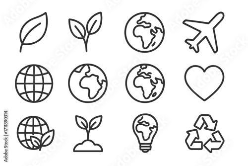 Ecology line icon set. Planet earth, green leaf, recycle symbol, sprout, and airplane. Sustainability, environment, conservation, and global travel concepts for web design.