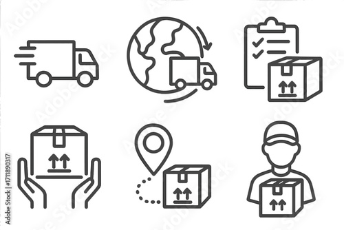 Delivery and transport vector line icons. Logistics, shipping, courier service concepts. Worldwide delivery, package tracking, fast truck, order fulfillment outline pictograms.