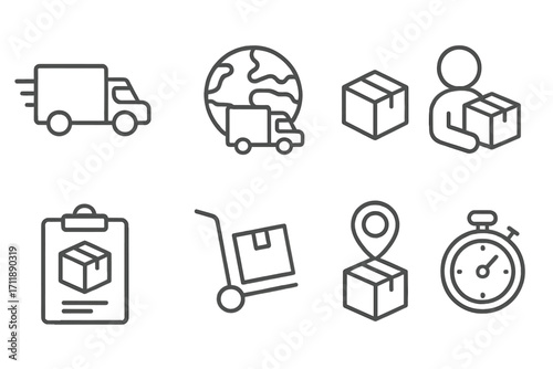 Logistics and delivery service line icon set. Transport and global shipping concepts. Includes package, tracking, truck, courier, and fast delivery outline vector symbols.