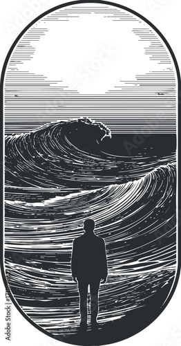 A silhouette of a man standing before a large ocean wave in a surreal landscape.