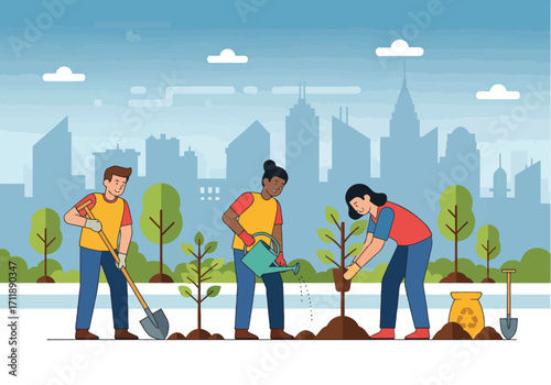 Community planting trees in urban green spaces for a healthier future