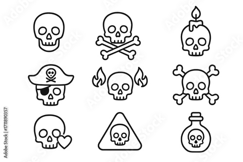 Set of skull line icons. Death head symbol collection. Pirate jolly roger, poison danger sign, halloween spooky skeleton. Outline vector illustration for web design, app.