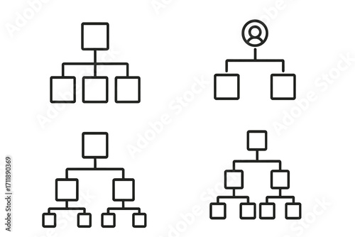 Hierarchy outline icon set. Organizational chart. Business structure diagram. Corporate management, company teamwork, and workflow infographic concept. Leadership and subordinates.