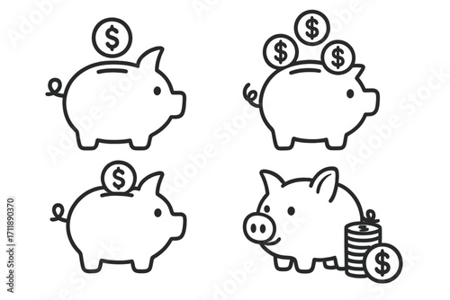 Piggy bank outline icon set. Metaphor for savings, personal finance, investment. Concept of budget, economy, banking. Money box with dollar coin. Financial planning, wealth.