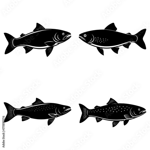 Four stylized fish illustrations in black and white showcasing different species and patterns of fish art