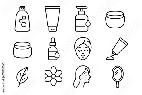 Beauty and skincare line icon set. Minimalist pictograms for cosmetics, spa, and self-care. Includes shampoo, cream, serum, face mask, and natural ingredient symbols. Vector.