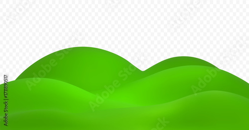 3d green grass hill vector on transparent background. Cartoon lawn with mountain. Nature render illustration.