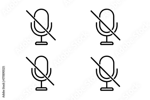 Mute microphone icon set. Mic off, no sound, silent mode vector symbols. Audio disabled, voice recording prohibited pictogram. Linear outline style for UI, web, and app design.