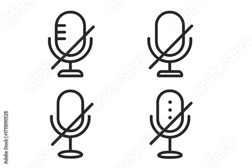 Mute microphone icon set. Vector line art symbols for UI design. Audio off, no sound, and recording prohibited signs. Silent mode button collection for web and apps.