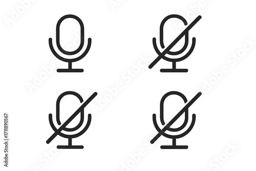 Microphone on and off icon set. Mute and unmute mic symbol for user interface. Sound, audio, voice recording line icons. Vector illustration for web and app buttons.