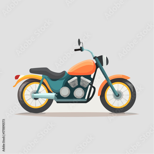 Vibrant classic cruiser motorcycle depicted in a flat vector art style. Ideal for transportation, hobby, and lifestyle design concepts