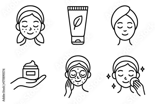 Skincare routine line icon set. Woman face beauty treatment. Cosmetic product steps. Vector illustration for spa, dermatology. Facial cleansing, cream, face mask icons.