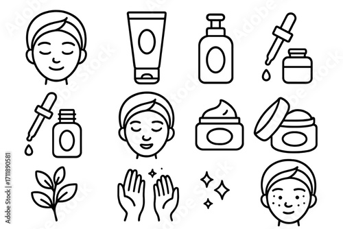 Skincare routine line icon set. Beauty treatment and cosmetology concept. Vector cosmetic products, cream, serum, lotion. Face care, acne, clean skin. Dermatology pictograms.