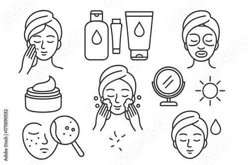 Skincare routine line icon set. Beauty and cosmetic concepts for face care. Woman washing face, applying cream, mask. Cleansing, moisturizing, acne treatment icons.